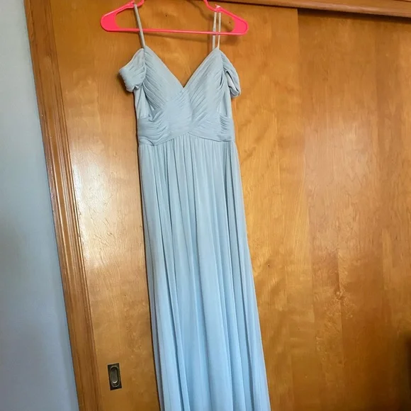 Light blue Azazie bridesmaid dress off the shoulder
